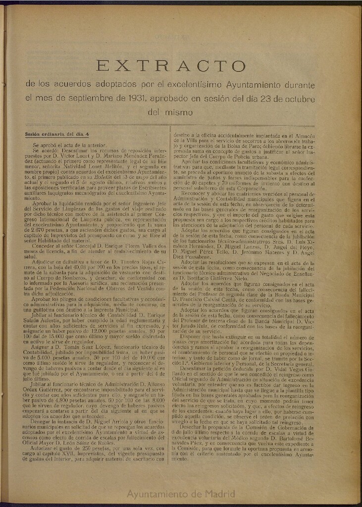 Miniatura de Boletín Oficial del Ayuntamiento de Madrid: Extracto de los acuerdos adoptados por el excelentísimo Ayuntamiento Pleno, durante el mes de septiembre de 1931, aprobado en sesión de 23 de octubre del mismo.