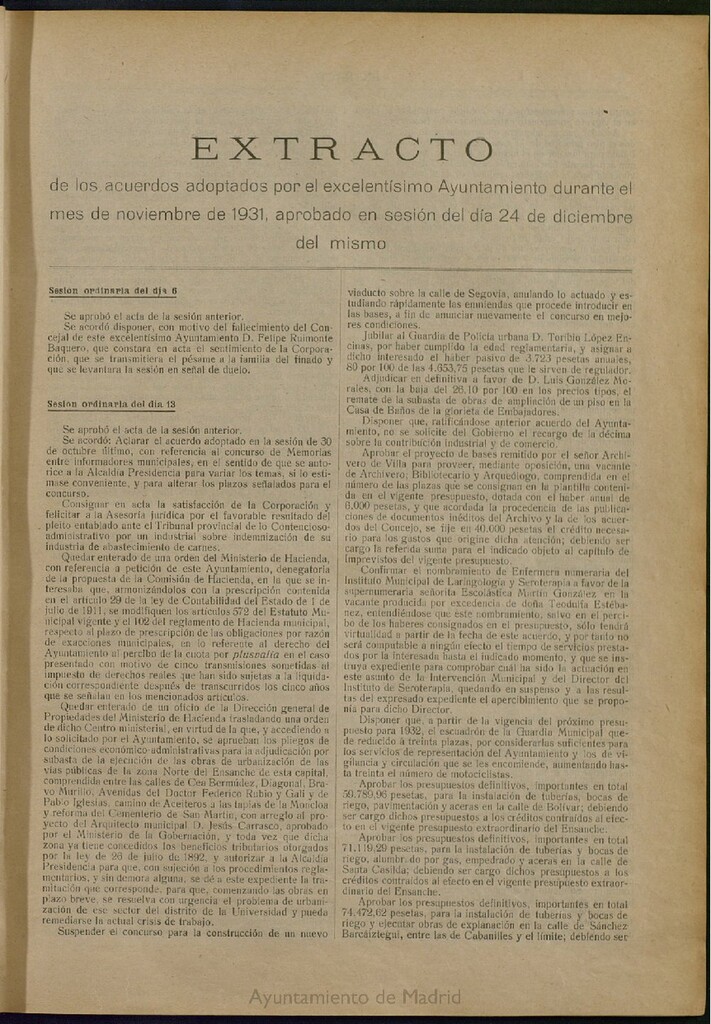 Miniatura de Boletín Oficial del Ayuntamiento de Madrid: Extracto de los acuerdos adoptados por el excelentísimo Ayuntamiento Pleno, durante el mes de noviembre de 1931, aprobado en sesión de 24 de diciembre del mismo.