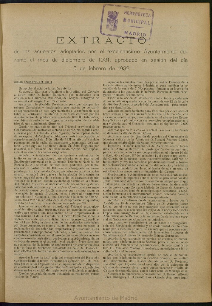 Miniatura de Boletín Oficial del Ayuntamiento de Madrid: Extracto de los acuerdos adoptados por el excelentísimo Ayuntamiento Pleno, durante el mes de diciembre de 1931, aprobado en sesión de 5 de febrero de 1932.