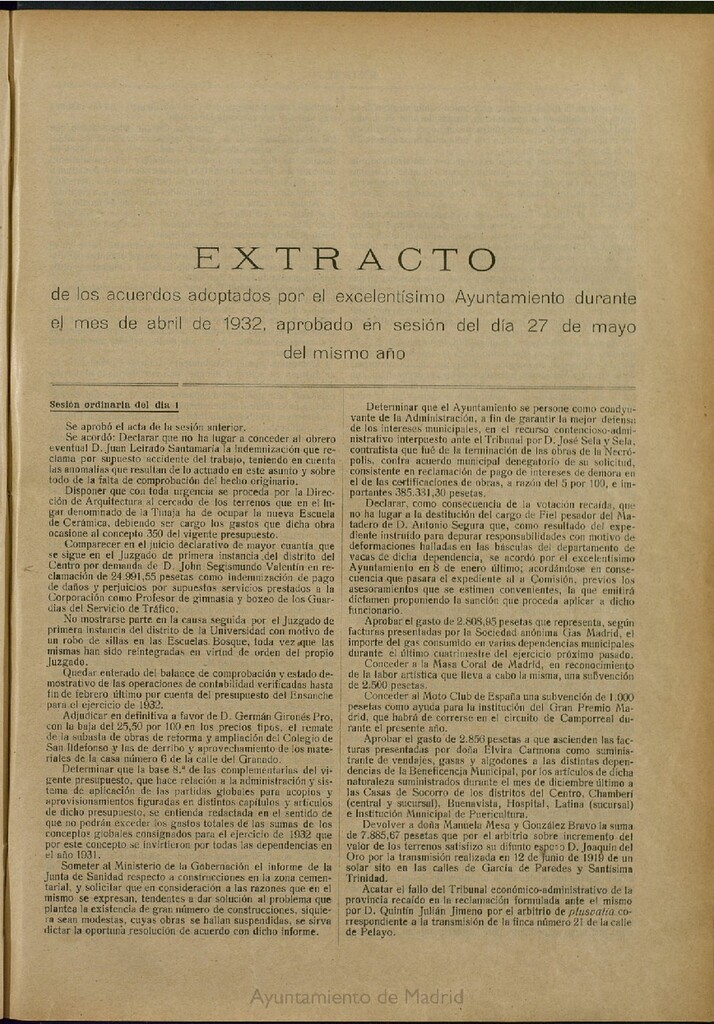 Miniatura de Boletín Oficial del Ayuntamiento de Madrid: Extracto de los acuerdos adoptados por el excelentísimo Ayuntamiento Pleno, durante el mes de abril de 1932, aprobado en sesión del día 27 de mayo del mismo año.