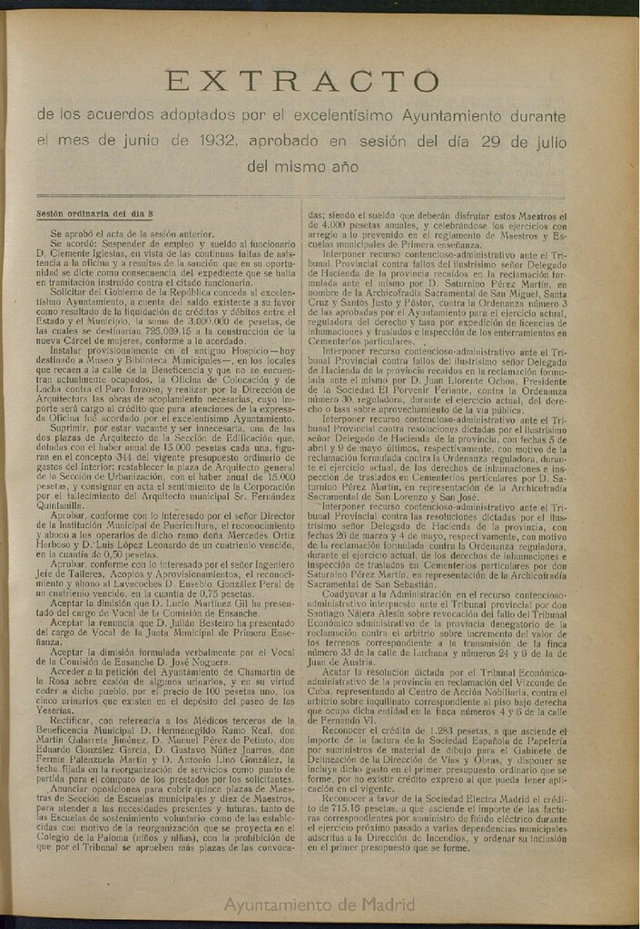 Miniatura de Boletín Oficial del Ayuntamiento de Madrid: Extracto de los acuerdos adoptados por el excelentísimo Ayuntamiento durante el mes de junio de 1932, aprobado en sesión del día 29 de julio del mismo año.