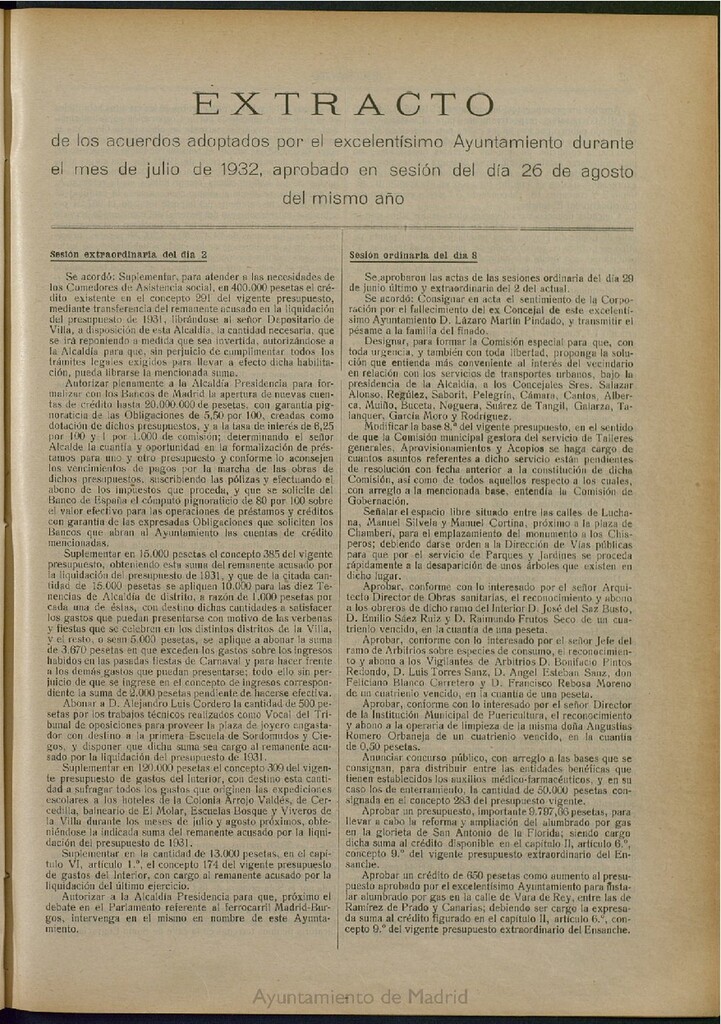 Miniatura de Boletín Oficial del Ayuntamiento de Madrid: Extracto de los acuerdos adoptados por el excelentísimo Ayuntamiento durante el mes de julio de 1932, aprobado en sesión del día 26 de agosto del mismo año.