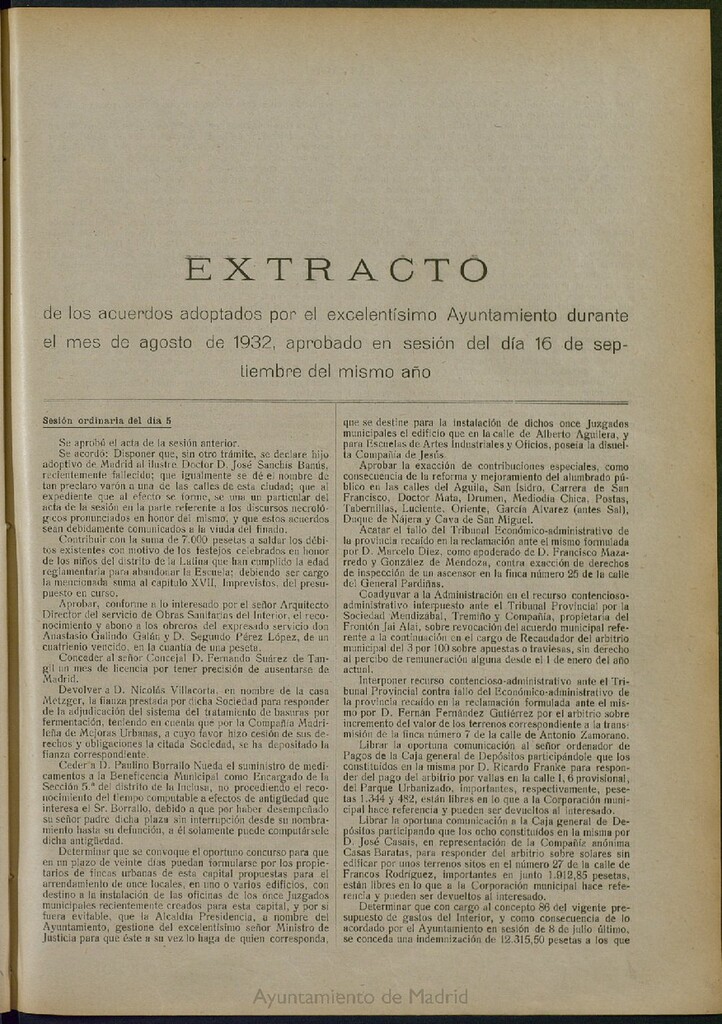 Miniatura de Boletín Oficial del Ayuntamiento de Madrid: Extracto de los acuerdos adoptados por el excelentísimo Ayuntamiento durante el mes de agosto de 1932, aprobado en sesión del día 16 de septiembre del mismo año.