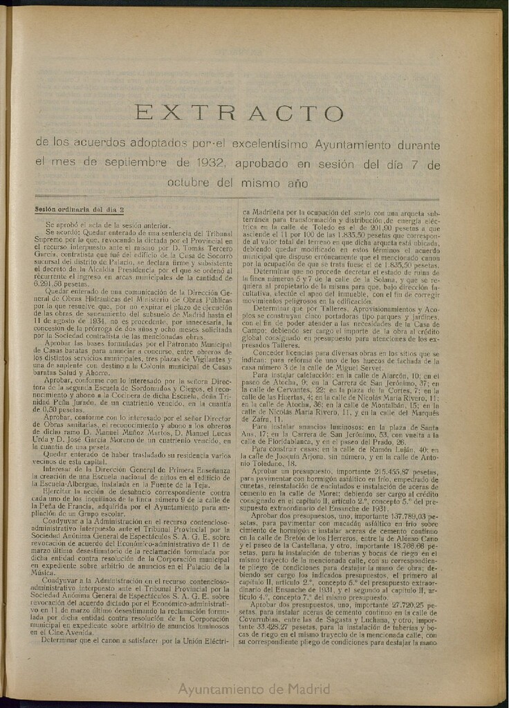 Miniatura de Boletín Oficial del Ayuntamiento de Madrid: Extracto de los acuerdos adoptados por el excelentísimo Ayuntamiento durante el mes de septiembre de 1932, aprobado en sesión del día 7 de octubre del mismo año.