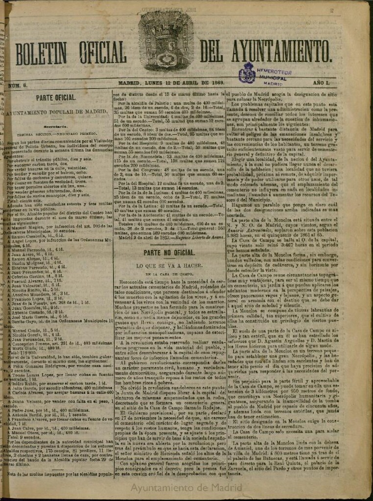 Miniatura de Boletín Oficial del Ayuntamiento de Madrid del 12 de abril de 1869, nº 6