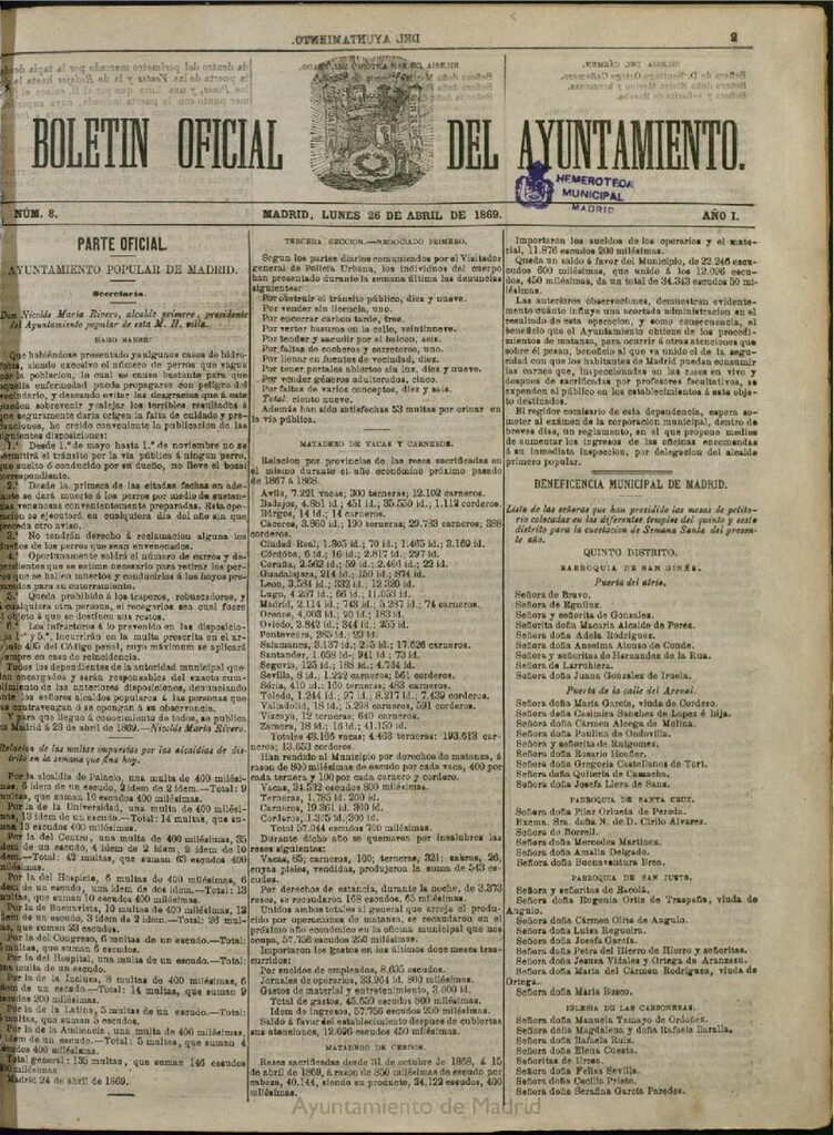 Miniatura de Boletín Oficial del Ayuntamiento de Madrid del 26 de abril de 1869, nº 8