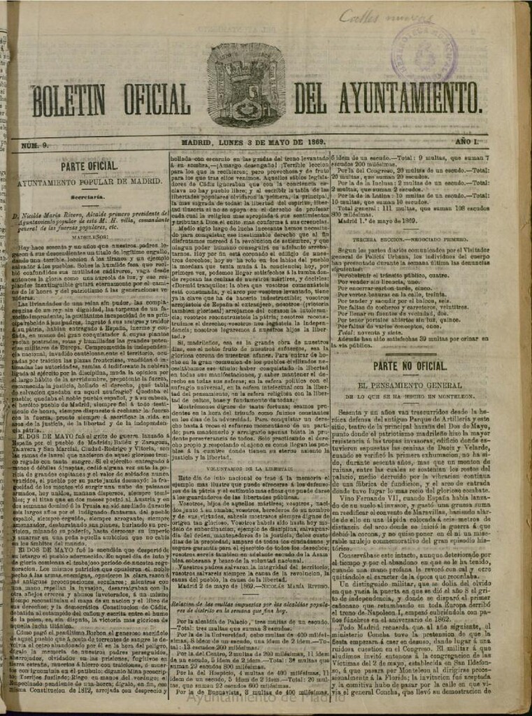 Miniatura de Boletín Oficial del Ayuntamiento de Madrid del 3 de mayo de 1869, nº 9