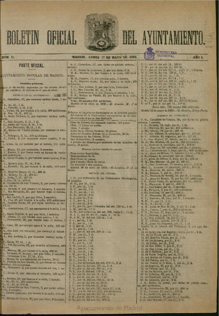Miniatura de Boletín Oficial del Ayuntamiento de Madrid del 17 de mayo de 1869, nº 11