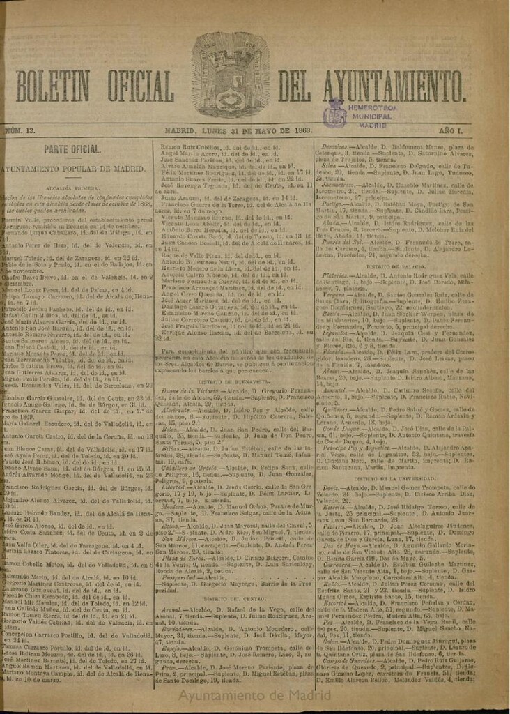 Miniatura de Boletín Oficial del Ayuntamiento de Madrid del 31 de mayo de 1869, nº 13