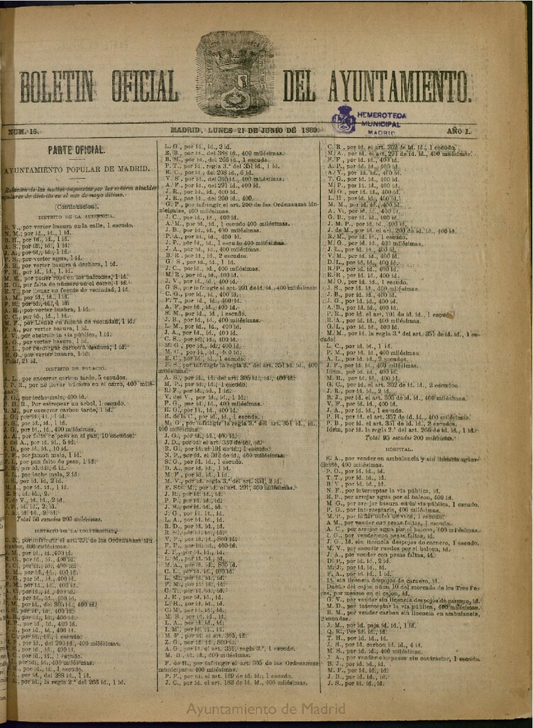 Miniatura de Boletín Oficial del Ayuntamiento de Madrid del 21 de junio de 1869, nº 16