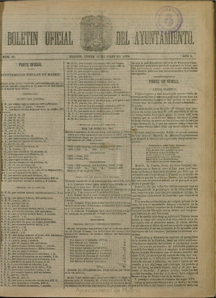 Miniatura de Boletín Oficial del Ayuntamiento de Madrid del 12 de julio de 1869, nº 19