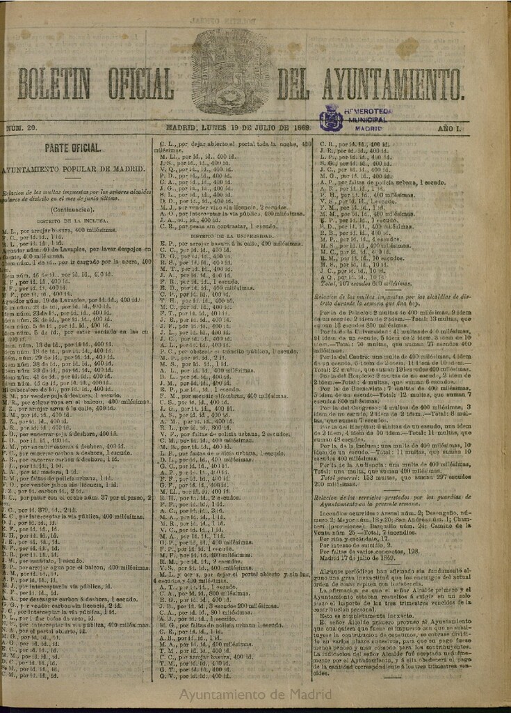 Miniatura de Boletín Oficial del Ayuntamiento de Madrid del 19 de julio de 1869, nº 20