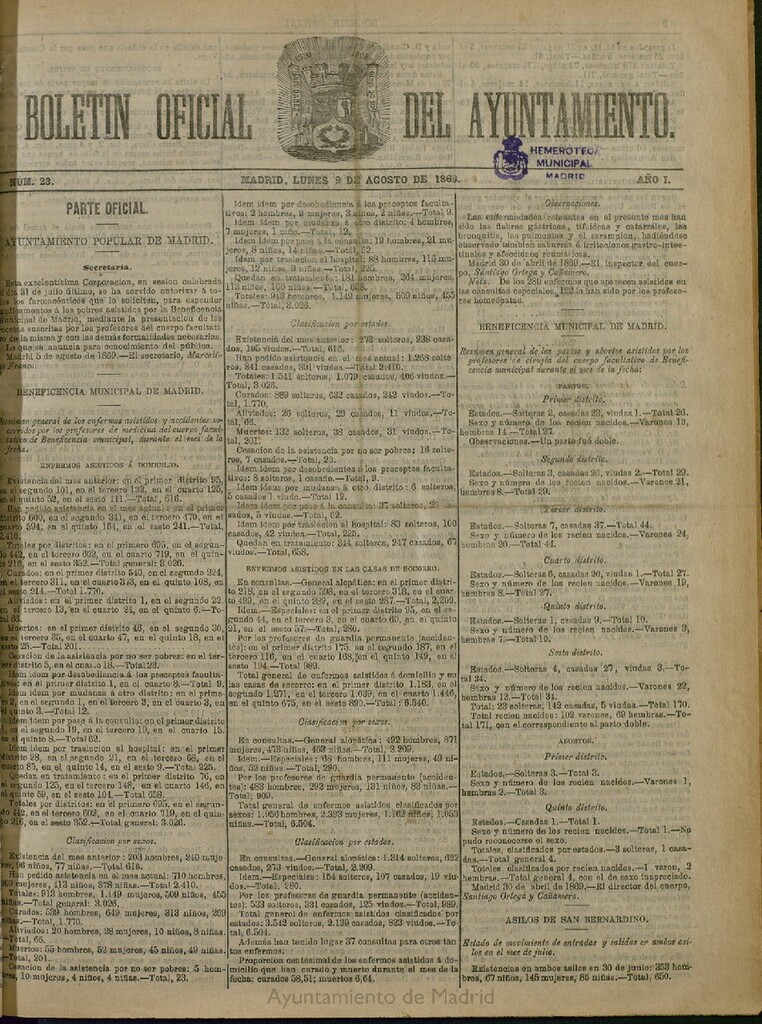 Miniatura de Boletín Oficial del Ayuntamiento de Madrid del 9 de agosto de 1869, nº 23