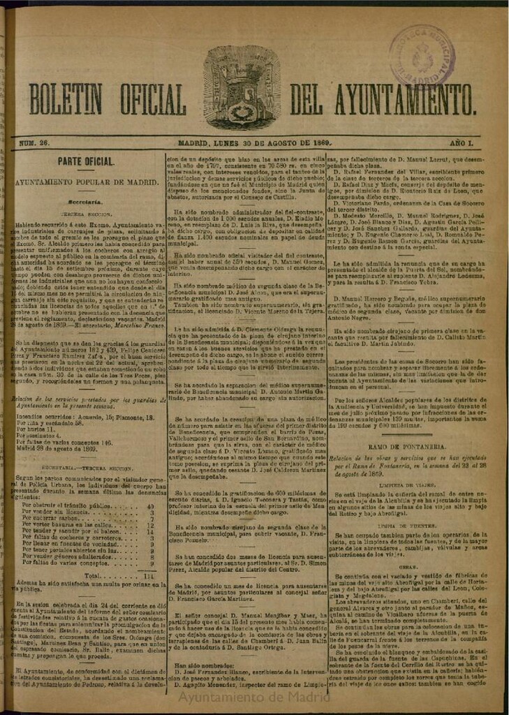 Miniatura de Boletín Oficial del Ayuntamiento de Madrid del 30 de agosto de 1869, nº 26