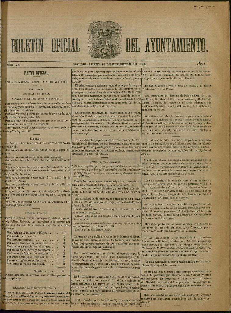 Miniatura de Boletín Oficial del Ayuntamiento de Madrid del 13 de septiembre de 1869, nº 28