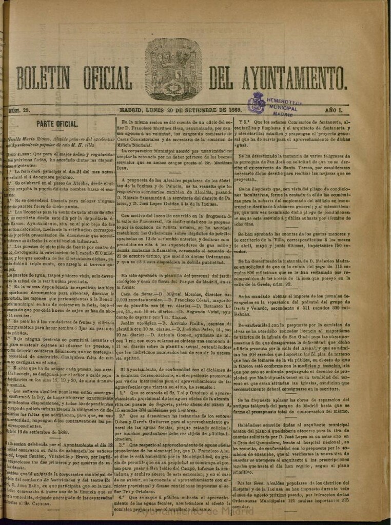 Miniatura de Boletín Oficial del Ayuntamiento de Madrid del 20 de septiembre de 1869, nº 29