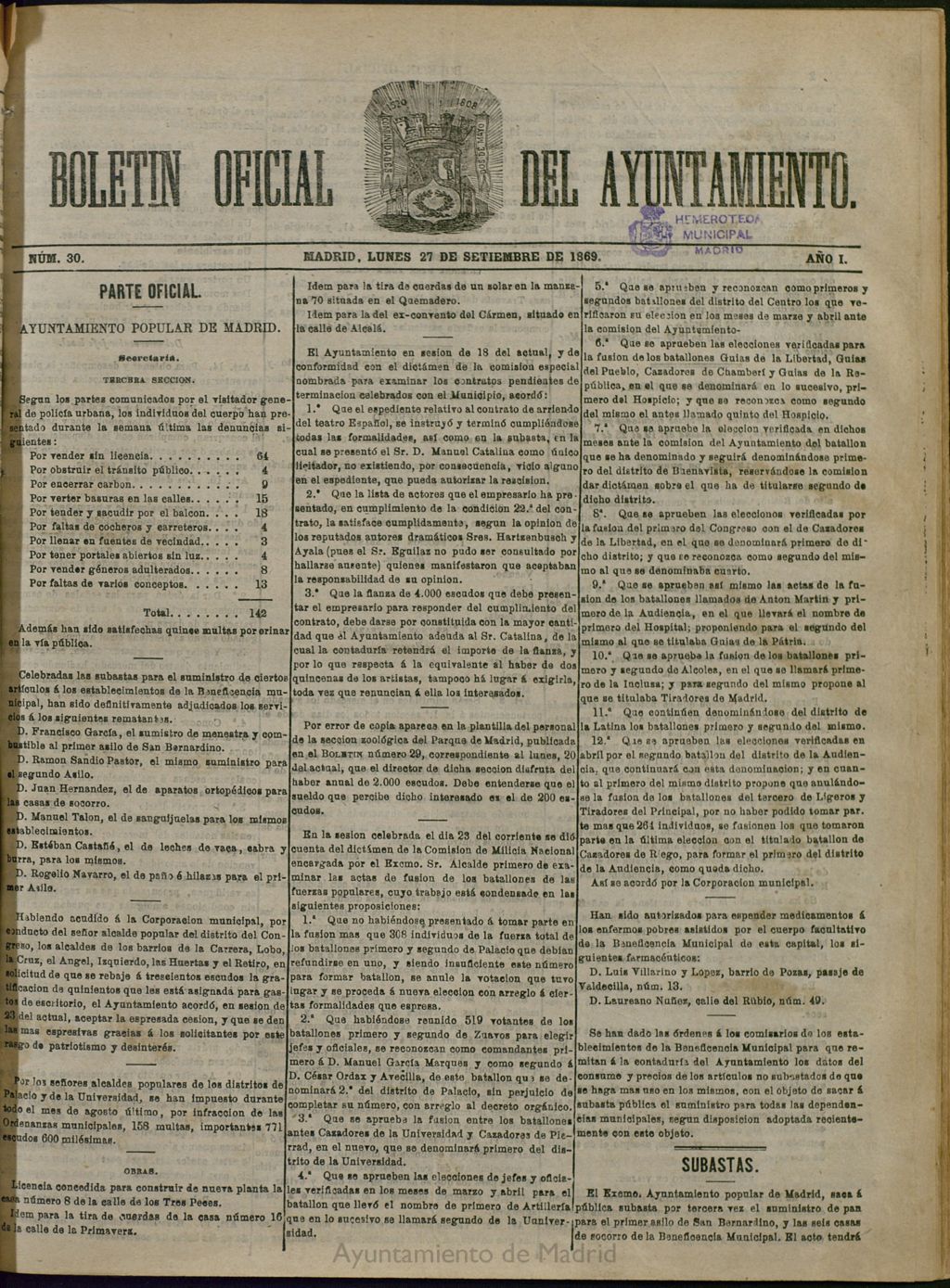 Miniatura de Boletín Oficial del Ayuntamiento de Madrid del 27 de septiembre de 1869, nº 30