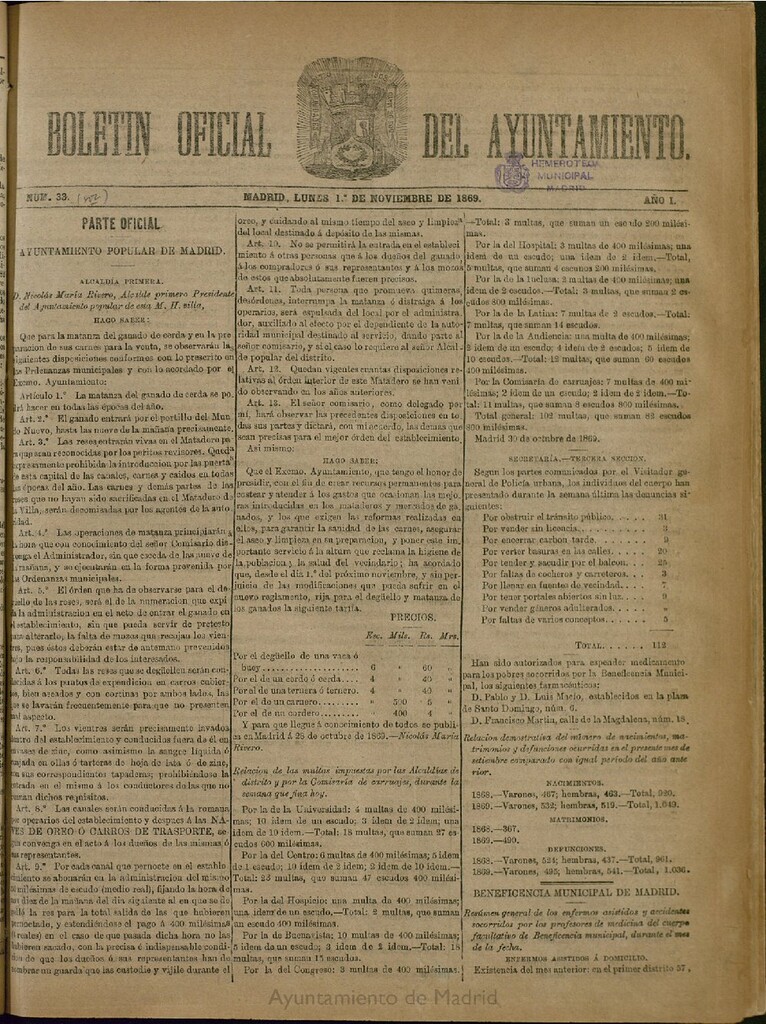 Miniatura de Boletín Oficial del Ayuntamiento de Madrid del 1 de noviembre de 1869, nº 33