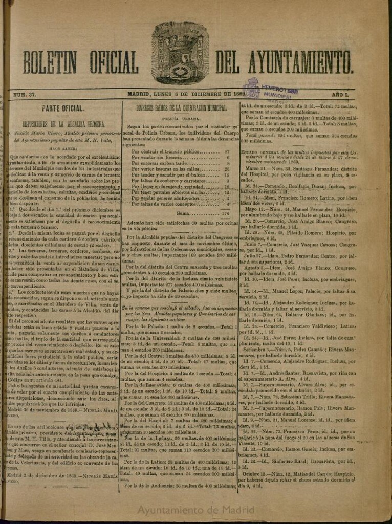 Miniatura de Boletín Oficial del Ayuntamiento de Madrid del 6 de diciembre de 1869, nº 37