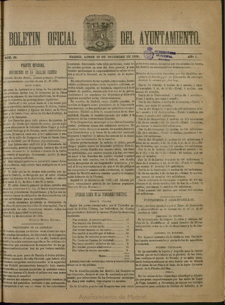 Miniatura de Boletín Oficial del Ayuntamiento de Madrid del 20 de diciembre de 1869, nº 39