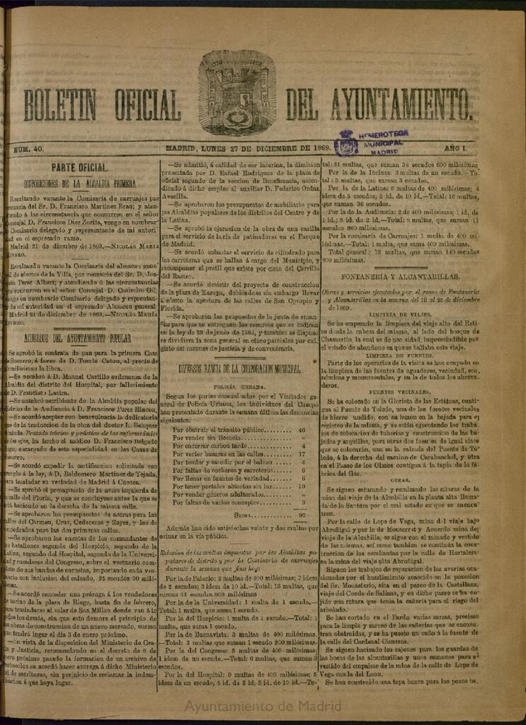 Miniatura de Boletín Oficial del Ayuntamiento de Madrid del 27 de diciembre de 1869, nº 40