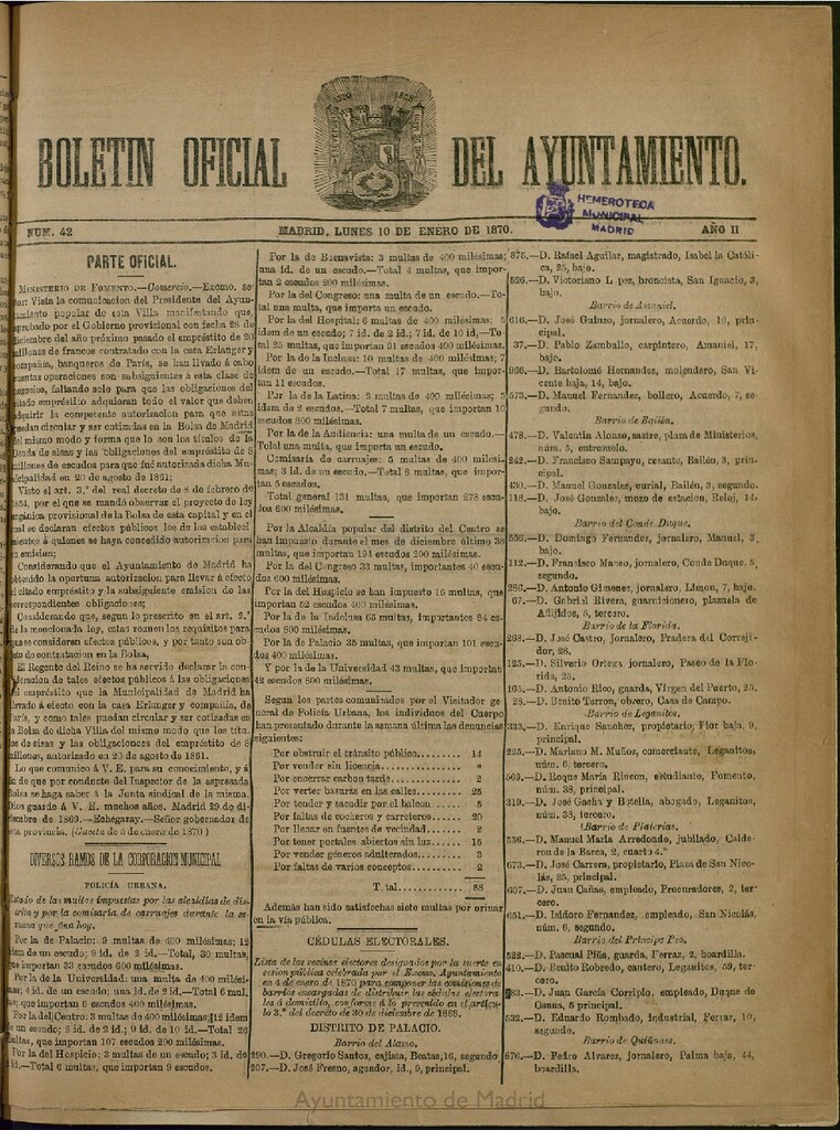 Miniatura de Boletín Oficial del Ayuntamiento de Madrid del 10 de enero de 1870, nº 42