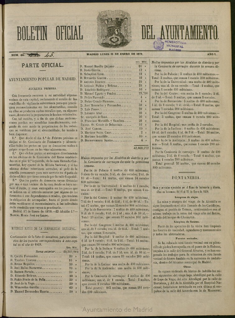 Miniatura de Boletín Oficial del Ayuntamiento de Madrid del 31 de enero de 1870, nº 45