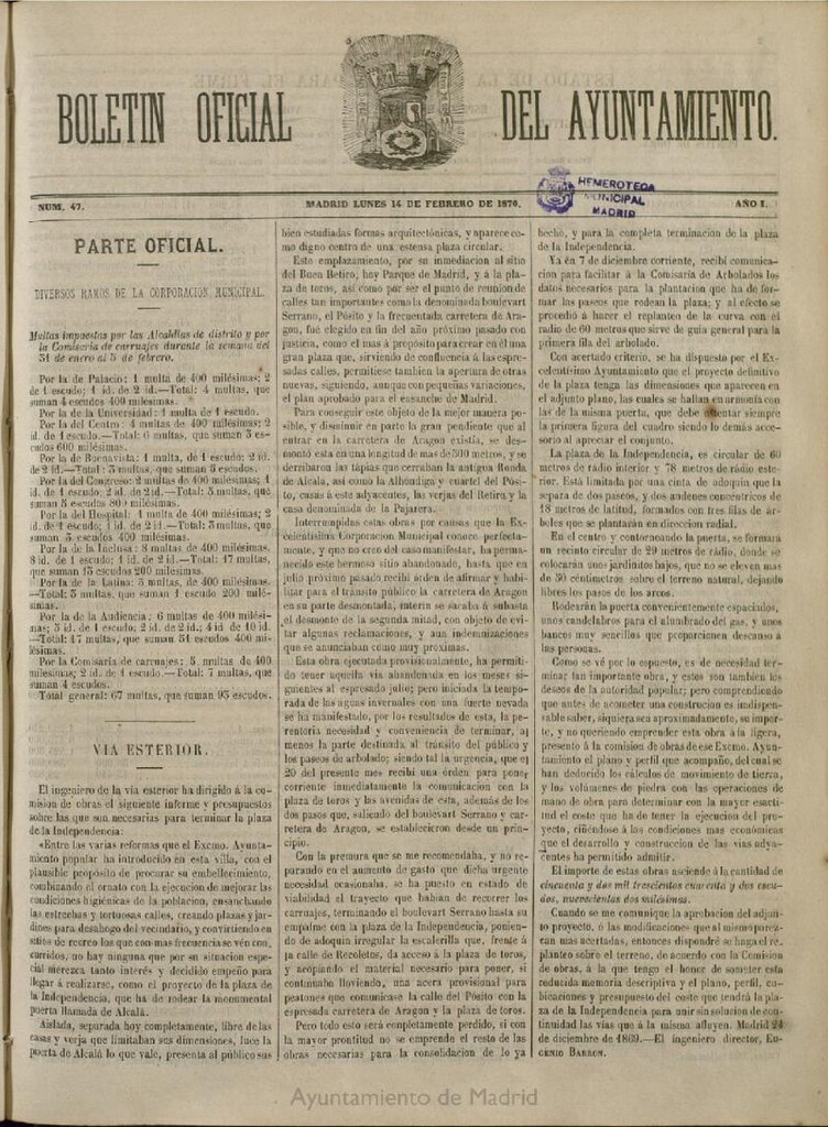 Miniatura de Boletín Oficial del Ayuntamiento de Madrid del 14 de febrero de 1870, nº 47