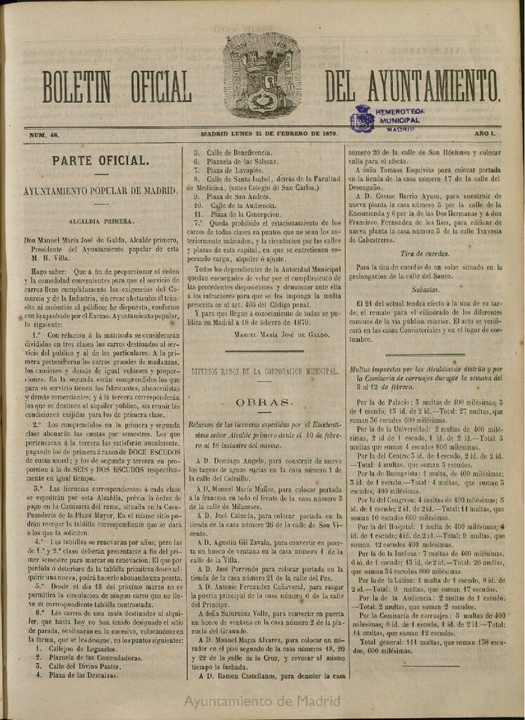 Miniatura de Boletín Oficial del Ayuntamiento de Madrid del 21 de febrero de 1870, nº 48
