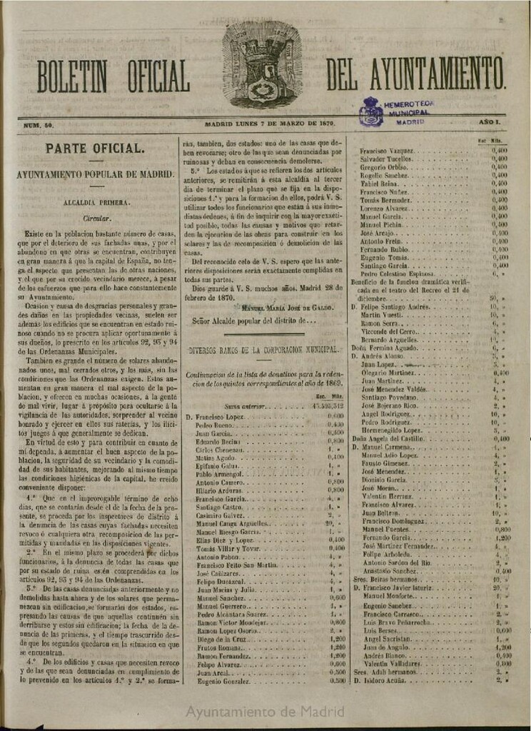 Miniatura de Boletín Oficial del Ayuntamiento de Madrid del 7 de marzo de 1870, nº 50