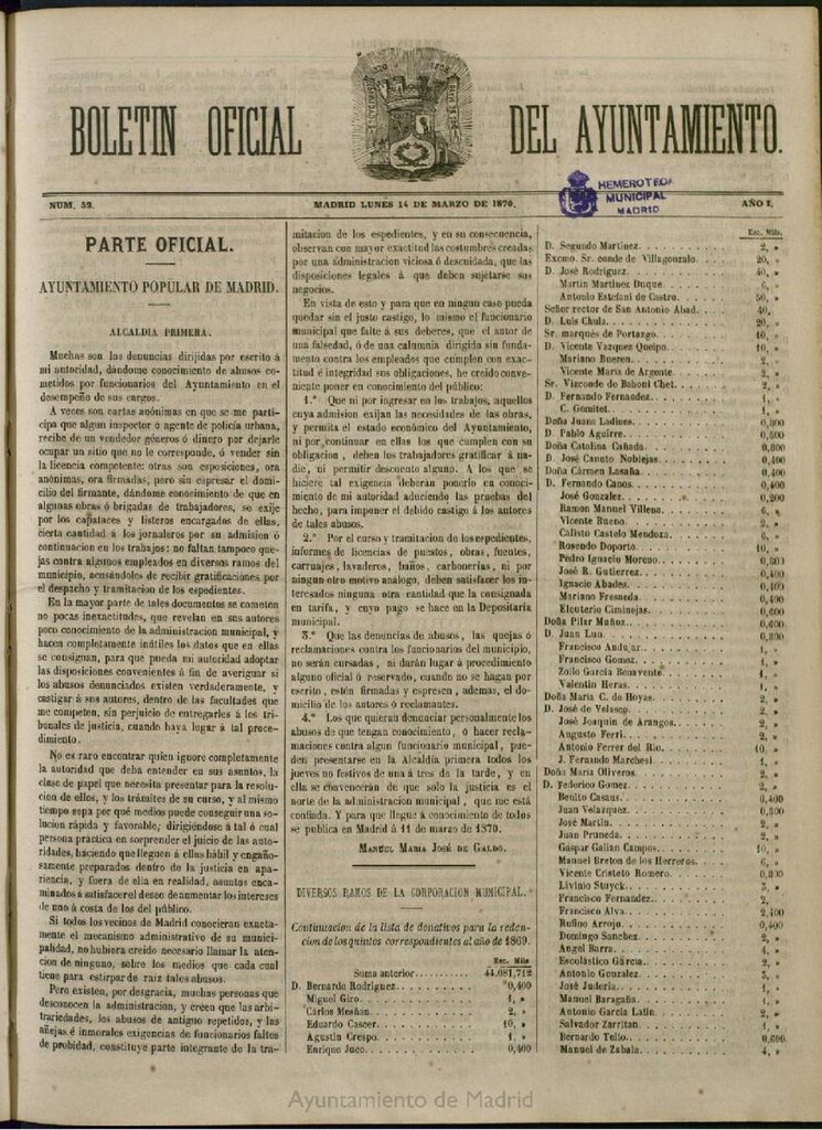 Miniatura de Boletín Oficial del Ayuntamiento de Madrid del 14 de marzo de 1870, nº 52