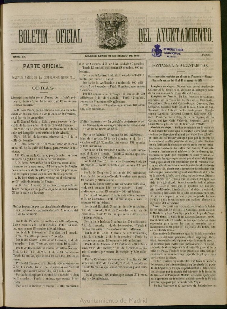 Miniatura de Boletín Oficial del Ayuntamiento de Madrid del 21 de marzo de 1870, nº 53