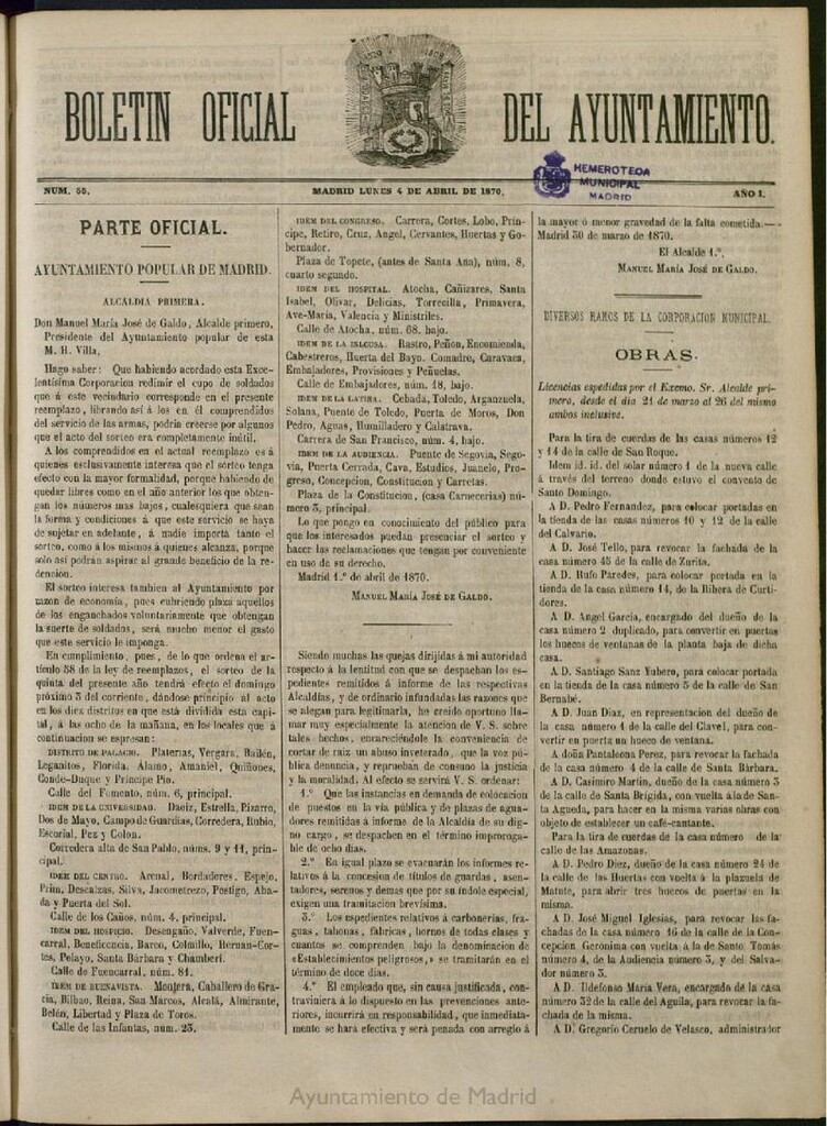 Miniatura de Boletín Oficial del Ayuntamiento de Madrid del 4 de abril de 1870, nº 55