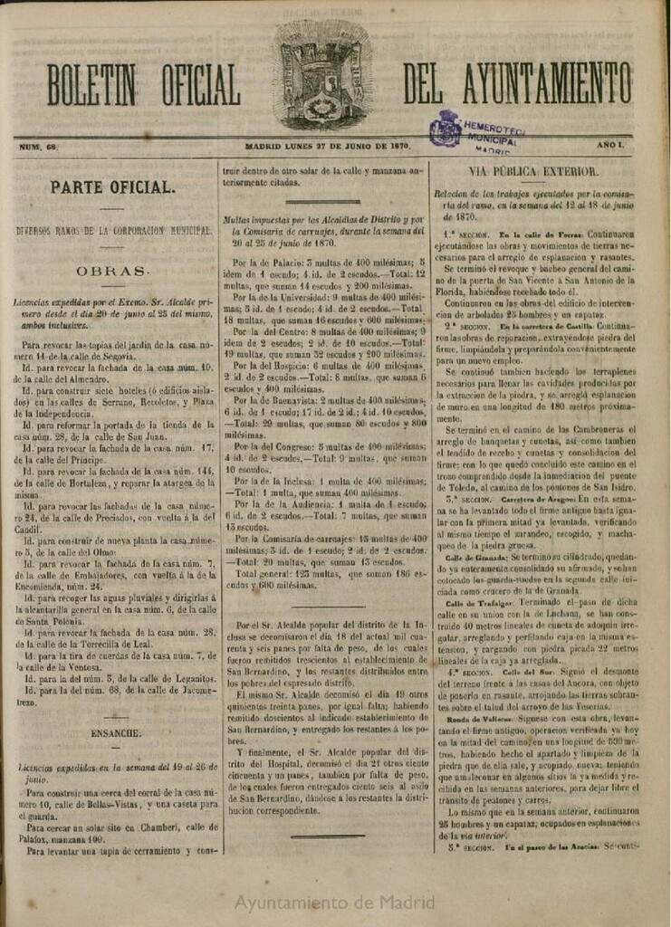 Miniatura de Boletín Oficial del Ayuntamiento de Madrid del 27 de junio de 1870, nº 68