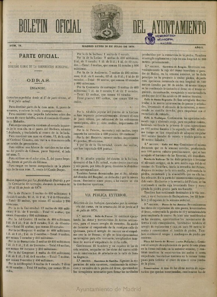 Miniatura de Boletín Oficial del Ayuntamiento de Madrid del 10 de julio de 1870, nº 70