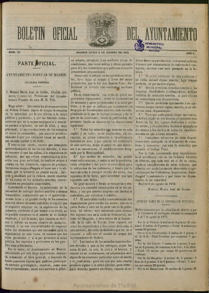 Miniatura de Boletín Oficial del Ayuntamiento de Madrid del 8 de agosto de 1870, nº 74