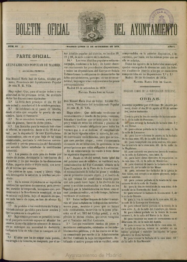 Miniatura de Boletín Oficial del Ayuntamiento de Madrid del 12 de septiembre de 1870, nº 83