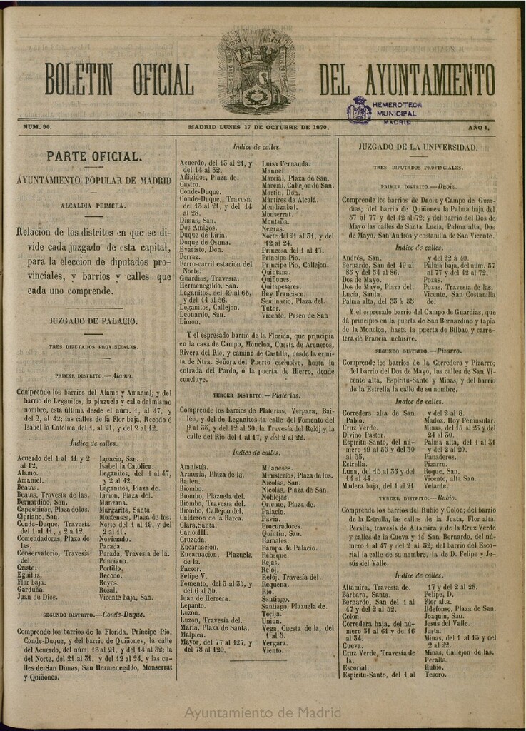 Miniatura de Boletín Oficial del Ayuntamiento de Madrid del 17 de octubre de 1870, nº 90