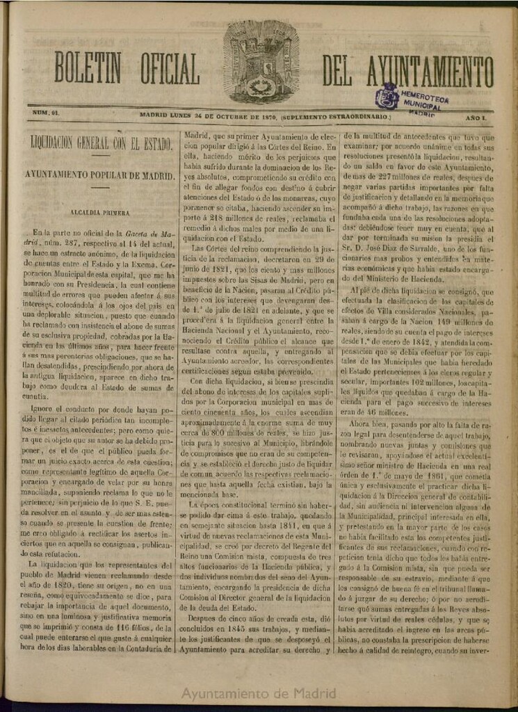 Miniatura de Boletín Oficial del Ayuntamiento de Madrid del 24 de octubre de 1870, nº 91 (extraordinario)