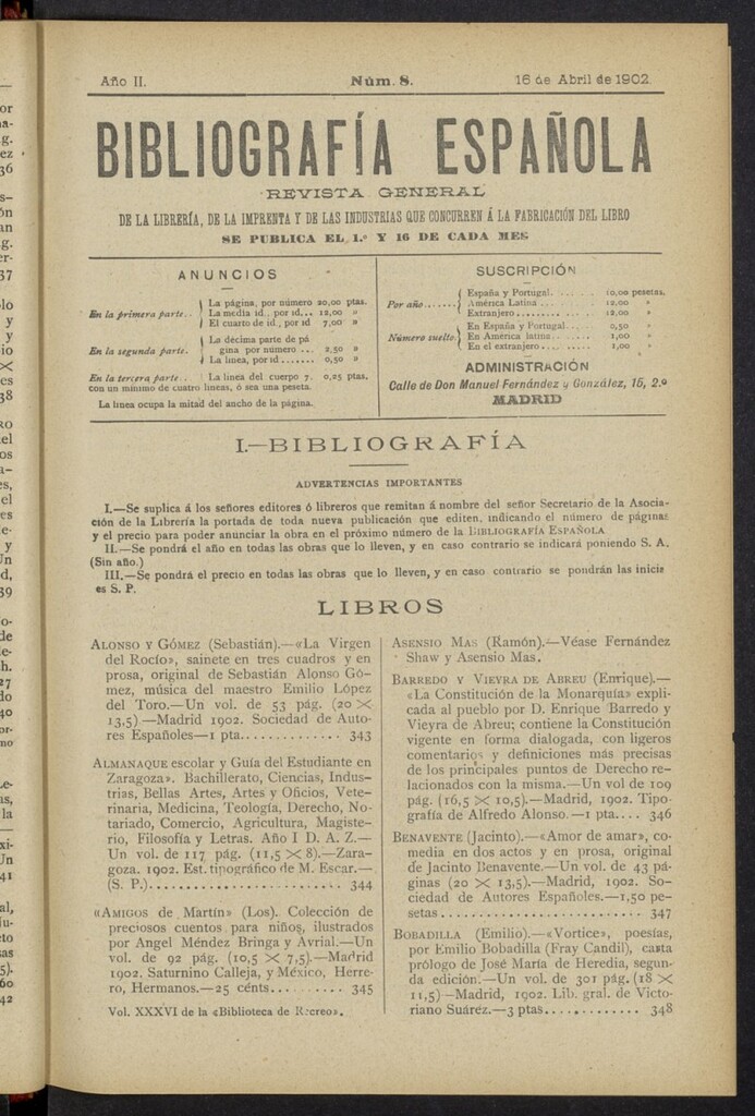 Miniatura de Bibliografía Española del 16 de abril de 1902