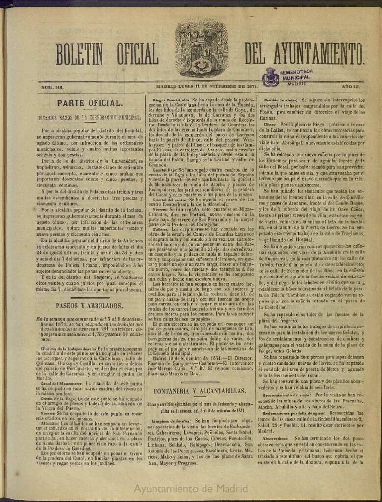 Miniatura de Boletín Oficial del Ayuntamiento de Madrid del 11 de septiembre de 1871, nº 140