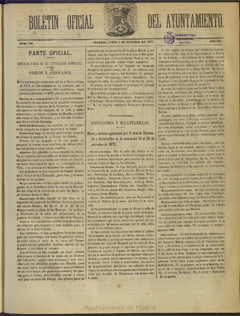 Miniatura de Boletín Oficial del Ayuntamiento de Madrid del 2 de octubre de 1871, nº 143