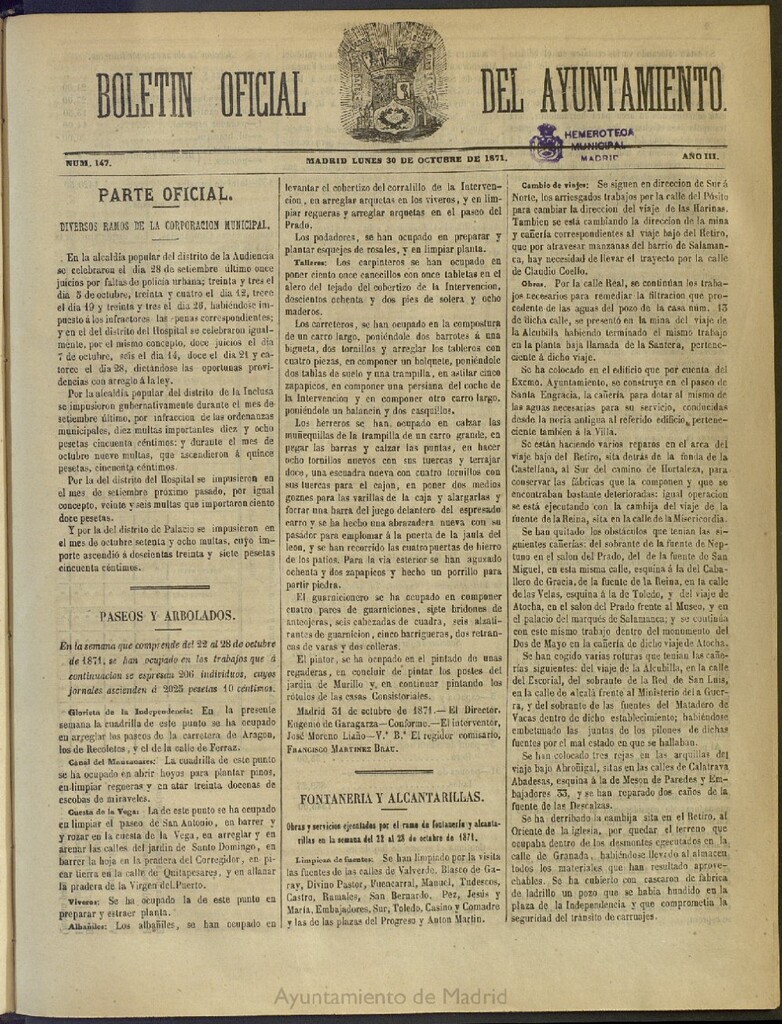 Miniatura de Boletín Oficial del Ayuntamiento de Madrid del 30 de octubre de 1871, nº 147