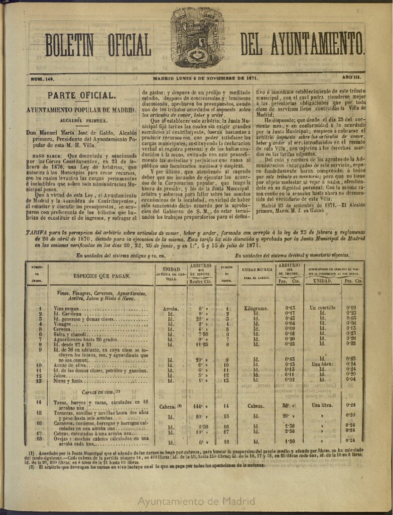 Miniatura de Boletín Oficial del Ayuntamiento de Madrid del 6 de noviembre de 1871, nº 148
