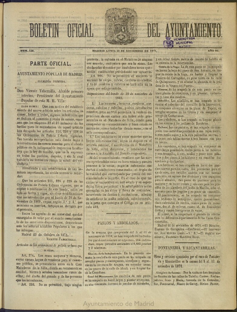 Miniatura de Boletín Oficial del Ayuntamiento de Madrid del 13 de noviembre de 1871, nº 149
