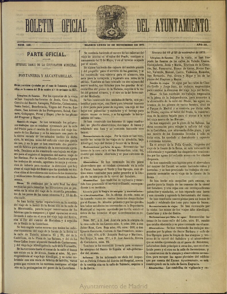 Miniatura de Boletín Oficial del Ayuntamiento de Madrid del 20 de noviembre de 1871, nº 150