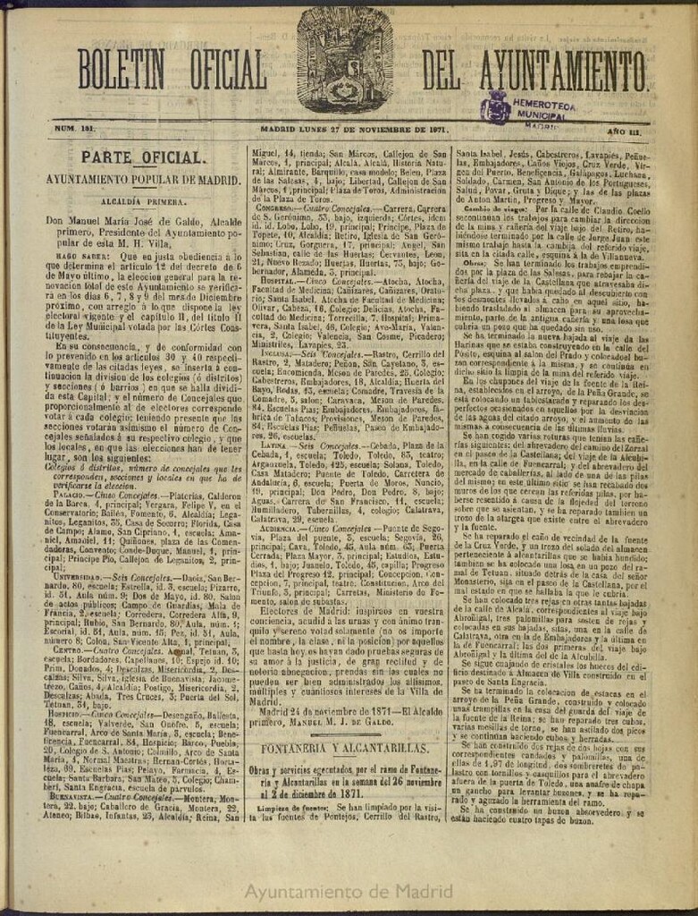 Miniatura de Boletín Oficial del Ayuntamiento de Madrid del 27 de noviembre de 1871, nº 151
