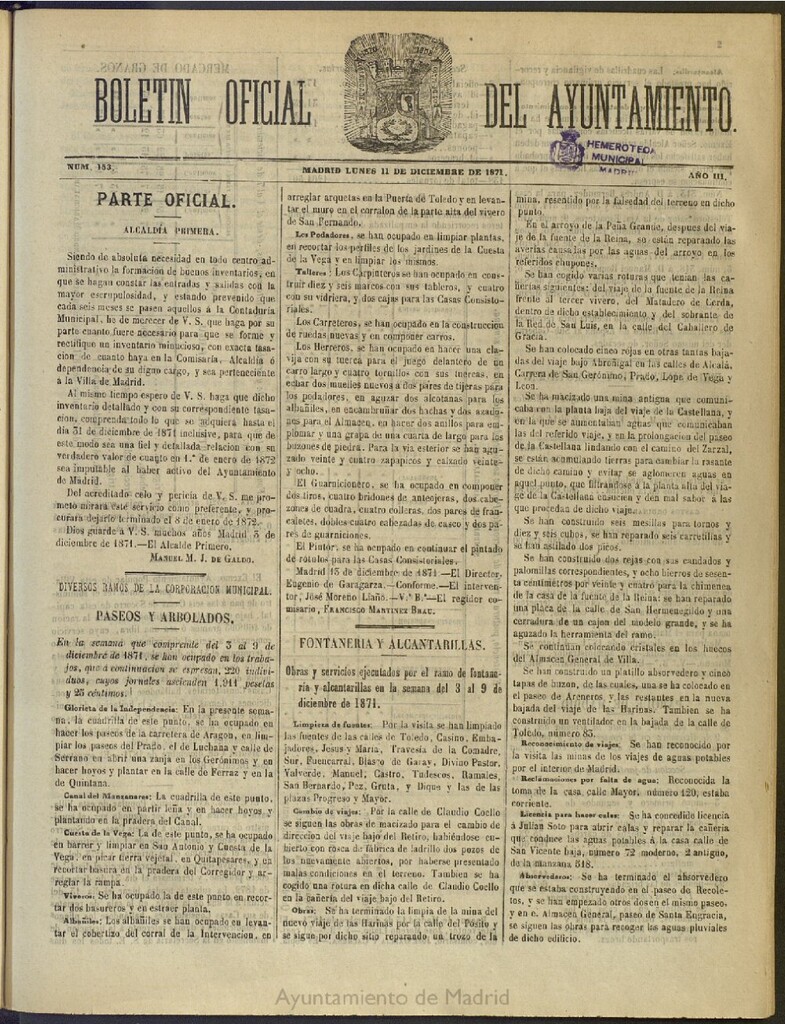 Miniatura de Boletín Oficial del Ayuntamiento de Madrid del 11 de diciembre de 1871, nº 153