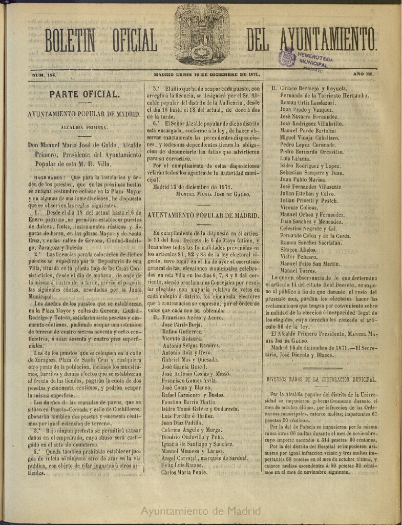Miniatura de Boletín Oficial del Ayuntamiento de Madrid del 18 de diciembre de 1871, nº 154