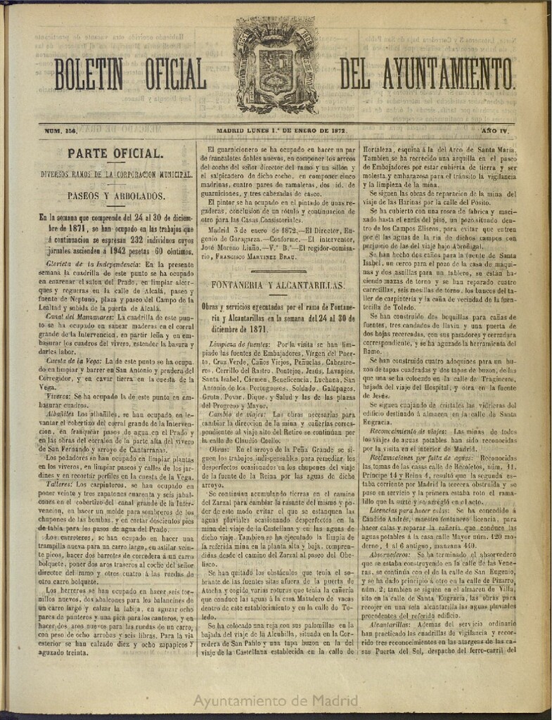 Miniatura de Boletín Oficial del Ayuntamiento de Madrid del 1 de enero de 1872, nº 156